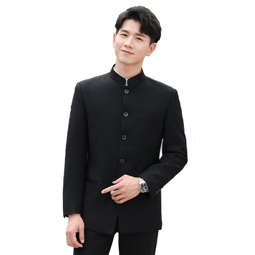 ROMON Chinese tunic suit suit men's youth slim fit Chinese stand collar suit Chinese wedding dress Chinese style Tang suit Chinese stand collar black top + pants L 175 weight 125-135 Jin Jin equals 0.5 kg
