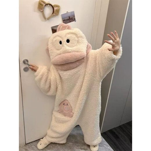 Jibanyang White Ugly Fish One-piece Pajamas Cartoon Cute Funny Coral Fleece One-piece Pajamas for Men and Women Plus Velvet Thickening White-One-piece Ugly Fish Single Pajama Pants M Recommended height 160-165cm