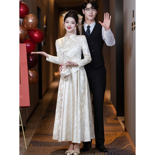 VZVY新中式香槟色敬酒服2025春季新款轻奢高端新娘结婚订婚晚礼服长袖 香槟色 轻奢短.袖款 zyl1125 L （建议105-112斤）
