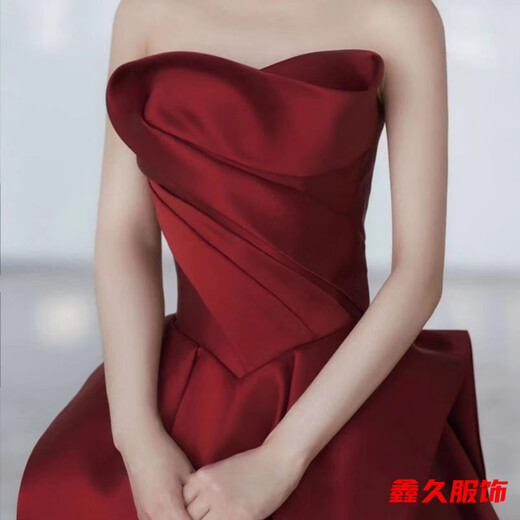 Mei Anjia burgundy bridal toast dress new ladylike temperament tube top wedding dress slim home engagement evening dress for women burgundy L 170