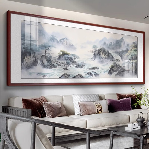 Linyu living room hanging painting landscape landscape painting new Chinese style sofa background wall decoration painting tea room office mural ink water flow to make money-A style 150*60cm teak color solid wood frame glossy crystal porcelain style