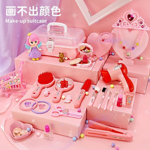 Детская косметическая коробка, игрушка для девочек, симулятор принцессы, игровой набор для дома, нетоксичный для девочки 3-6 лет, 5 косметических коробок, парикмахерский набор + кукла, 51 шт., воплотите мечту маленькой принцессы