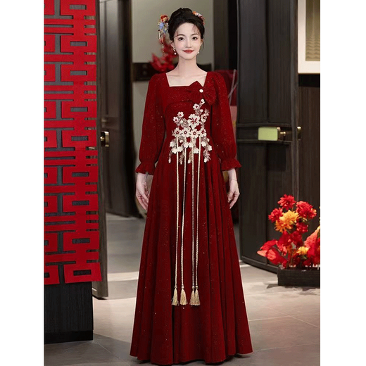 Seidler Bridal Wedding Toast Wear 2025 New Long Sleeve Engagement Dress Back Door Dress for Women High-End Light Luxury Niche Burgundy M