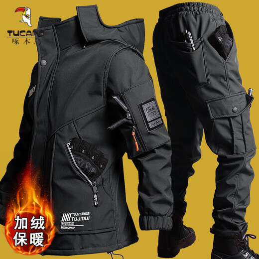 啄木鸟（TUCANO）户外软壳冲锋衣套装男加绒加厚夹克工作服防风钓鱼骑行服保暖冬季 军绿 S 165(100-120斤)