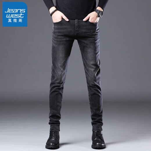 真维斯（Jeanswest）男款牛仔裤男士黑色春秋季修身小脚弹力韩版百搭休闲长裤子男 1049-灰色 33