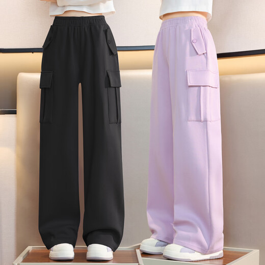 OVE女童裤子春秋款阔腿裤2025新款大童儿童休闲裤春季秋冬加绒工装裤 15168紫色+15052咖色【两件】 130 cm