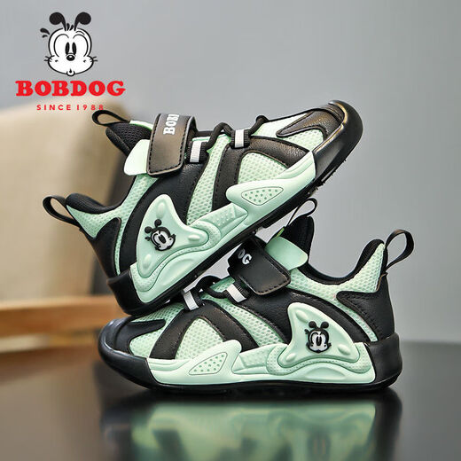 Babudou-Jungenschuhe 2024 Sommer Neues Single-Mesh atmungsaktives leichter Kleidung-resistenter weicher alleiniger Kinderschuhe 5303 Fruchtgrün schwarz (Mesh 31 (innere Länge 19,6 cm