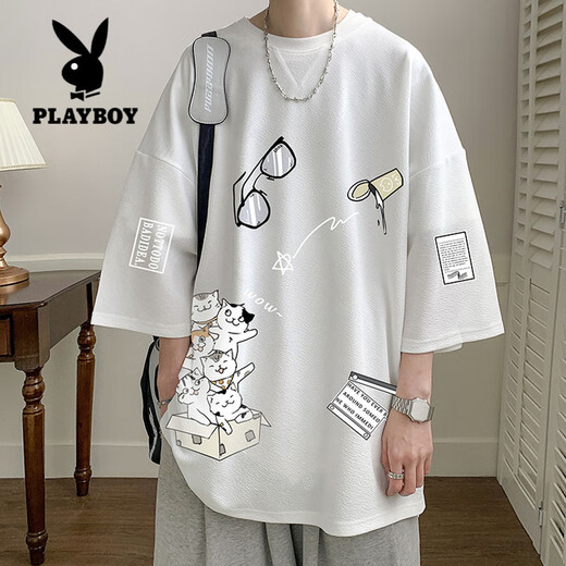 花花公子（PLAYBOY）男士短袖t恤夏季冰丝新款潮牌港风小猫印花上衣青少年七分袖体恤T Q11115B黑色+Q11162B蓝色 2XL 约145~160斤可穿
