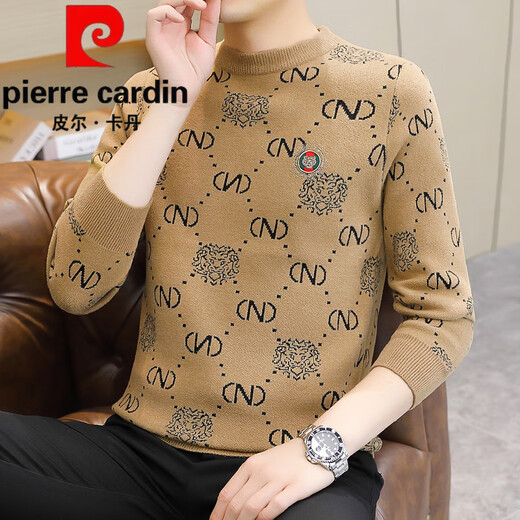 皮尔卡丹（pierre cardin）圆领保暖长袖男士毛衣高品质烫钻套头时尚打底衫休闲个性上衣 咖啡色6010 L 穿115-130