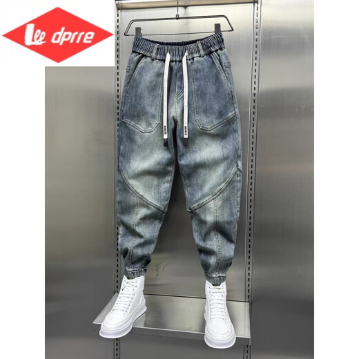Lee dprre高端美式复古做旧牛仔裤男潮牌痞帅宽松束脚哈伦裤松紧系绳九分裤 蓝色 SN#9716高质量 XL