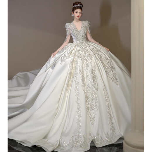 Seasonal heavy-duty V-neck wedding dress long-sleeved bride wedding host 2024 new style small textured satin large size winter floor-length style (free skirt support gloves veil) 2XL