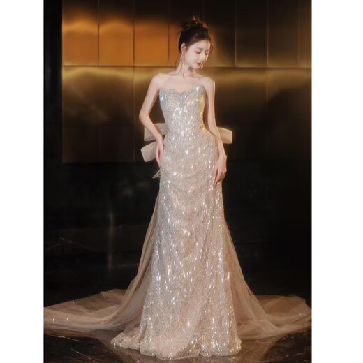 Wenmi Company Annual Meeting Dress Women's Tubeless Evening Dress 2024 New Gold Sequin Host Design Niche Fishtail Dress Dress S