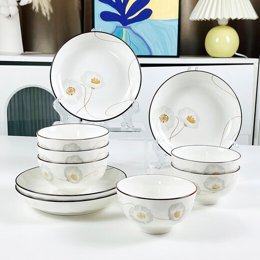 Sujiang tableware set household bowls and plates underglaze color plates and bowls internet celebrity plates microwave suitable tableware set Suijinghao (6 bowls and 4 plates) 10-piece set