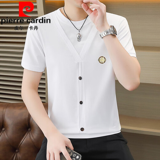 Pierre Cardin Summer Ice Seide Strick gefälschte zweiteilige kurzärmelige T-Shirt-T-Shirt-Korean-Stil-Slim und Kühl und dünn halbärmelig T-Shirt Top 6626 Khaki L 110-125 Jin [Jin gleich 0,5 kg]