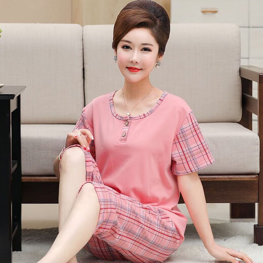 炙夏中年妈妈睡衣女夏季纯棉短袖七分裤中老年人 t3937 2XL (135-155斤)
