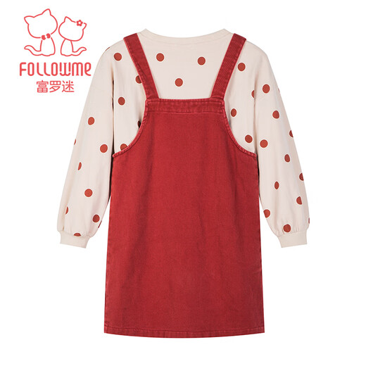 
Fuluo Mi Girls Set Children's Polka Dot Two-Piece Set Suit Sweatshirt Strap Skirt Two-Piece Set Apricot/Red 140