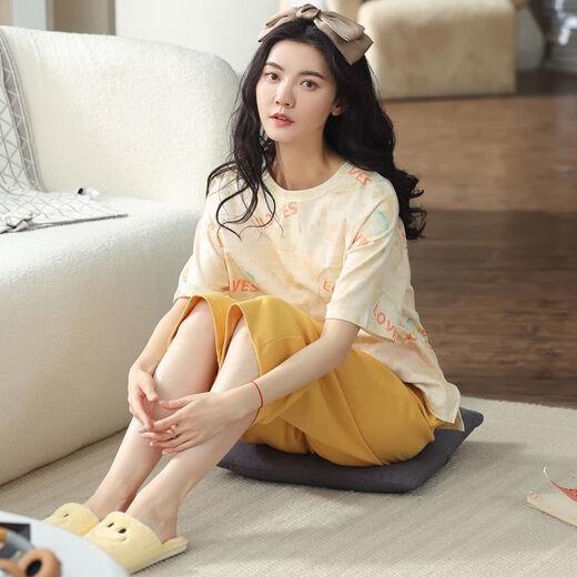 莫代尔睡衣女夏天纯棉短袖七分裤夏季薄款可外穿夏款女士家居服套装 CY9755MF7050 XL [建议体重120-140斤]