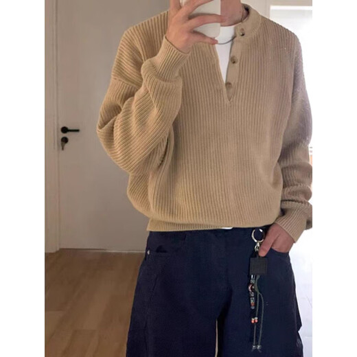 Liu Chaobu Old Money Style Henley Collar Sweater Men's Loose Long-Sleeved Sweater Knitted Sweater Henley Shirt Khaki XL