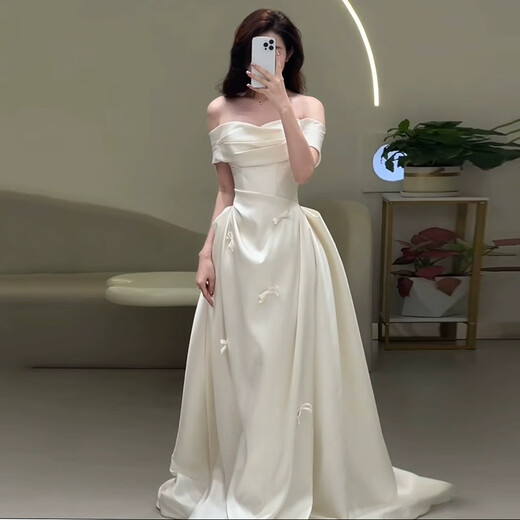 AIFANGNIAO high-end French dress women's banquet evening dress satin light wedding dress one-shoulder student adult ceremony art test vocal skirt white XS