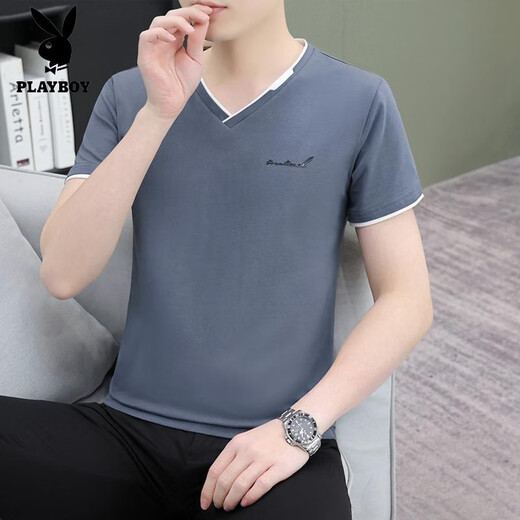 花花公子（PLAYBOY）夏季新款纯棉男士短袖t恤v领薄款潮流修身半截袖休闲鸡心领打底衫 黑色 QY694 XL 【建议130-140斤】