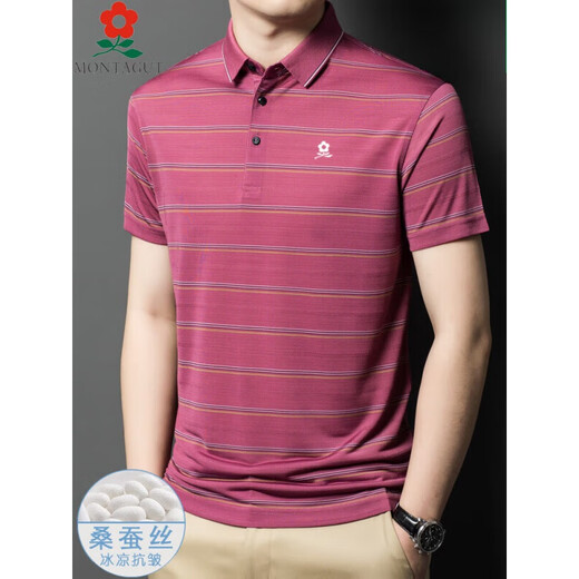 梦特娇（MONTAGUT）男装条纹短袖t恤桑蚕丝夏中年商务休闲桑蚕丝翻领polo衫 A829-兰色 均码 175/XL适合125-145斤