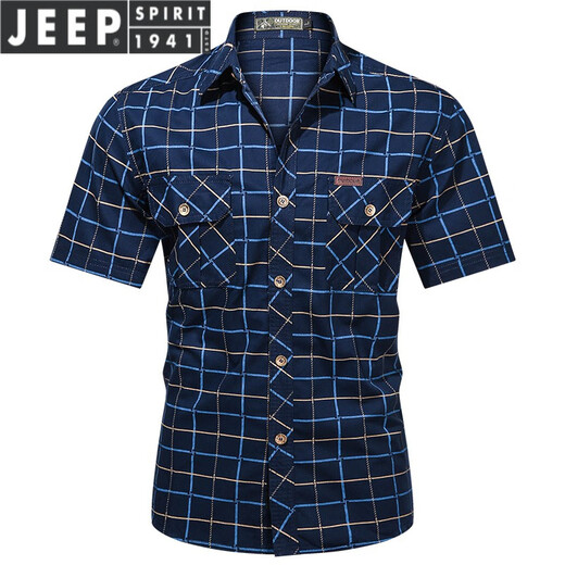 吉普（JEEP）轻奢2023夏季新款短袖格子衬衫男士薄款休闲纯棉衬衣 5009军绿 M 170