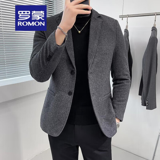 罗蒙（ROMON）2025秋冬毛呢西装男外套短款韩版修身休闲西服领毛呢大衣男 X829双排扣西装 黑色 2XL 【高质感 百搭】