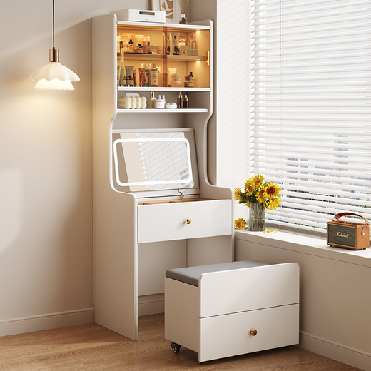 Stamen solid wood dressing table bedroom antique style dressing table small apartment bedside table cabinet integrated storage storage cabinet white 50cm solid wood dressing table + USB socket + makeup stool, installation included, makeup stool of your choice