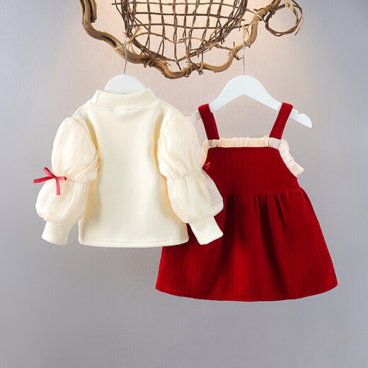 Children's clothing girls suit spring and autumn dress one-year-old baby girl princess dress dress children autumn and winter two-piece set red l plus velvet cm 100