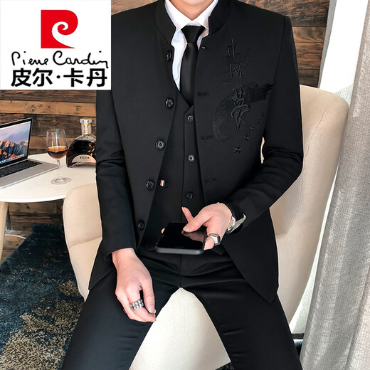 皮尔卡丹（pierre cardin）中山装男立领修身韩版潮青年中国风西装男士套装休闲西服唐装外套 黑色【西服+裤子+马甲+衬衫】送 2XL (135~150斤)