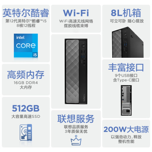 Lenovo Baiying M300 Commercial Office Personal Home Desktop Computer Host (Core 12th Generation i5-12450HX 16G 512G SSD) National Subsidy 20%
