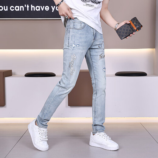 Gezan Printed Diamond Jeans Men's 2025 Spring and Summer New Pants Men's Trendy Men's Slim Small Feet High-end Casual Light Blue 9855 30 (2 feet 3)