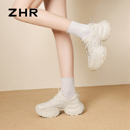 ZHR厚底老爹鞋女新款网面透气女鞋轻便软底耐磨运动鞋女 G753 米色34