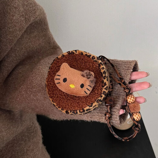 Black leather Kitty leopard print coin wallet student headphones bag coin bag cartoon storage key bag pendant bag black leather leopard print KT coin wallet