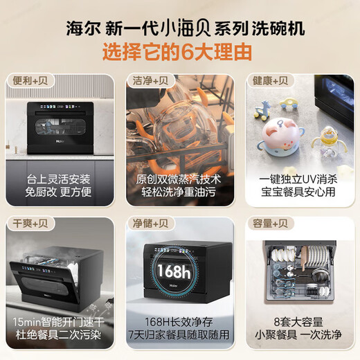 Haier desktop dishwasher Xiaohaibei 8 sets for home use small size High temperature dual micro steam + independent UV sterilization Intelligent door opening quick drying 7 days storage Glass window design 2025 sixth generation Xiaohaibei ETW83286KHU1