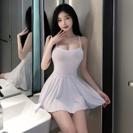 Sexe Suspender Nightgown séduisant Silky Open-standard Pyjama Pure et mignon Style Campus 6625 One Taille - Jupe à suspension blanche + T-Pant