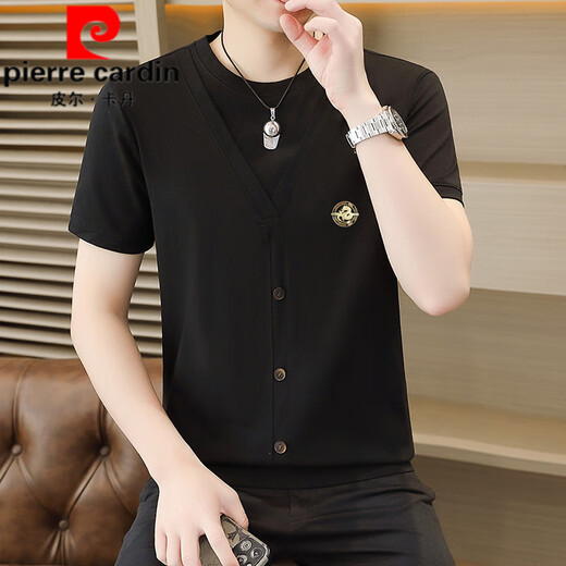 Pierre Cardin Summer Ice Seide Strick gefälschte zweiteilige kurzärmelige T-Shirt-T-Shirt-Korean-Stil-Slim und Kühl und dünn halbärmelig T-Shirt Top 6626 Khaki L 110-125 Jin [Jin gleich 0,5 kg]