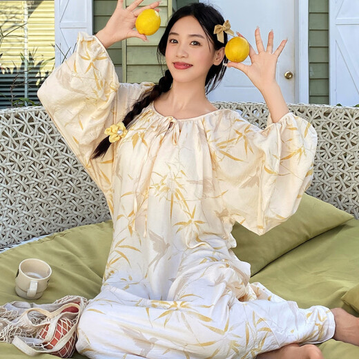 Shuo Gu Jin (SHUO GU JIN) new sweet long-sleeved nightgown for women, cute pajamas for women, spring and autumn, home clothes dress with chest pad ins style AM-13063 [with chest pad] (80-100Jin [Jin equals 0.5 kg]) M
