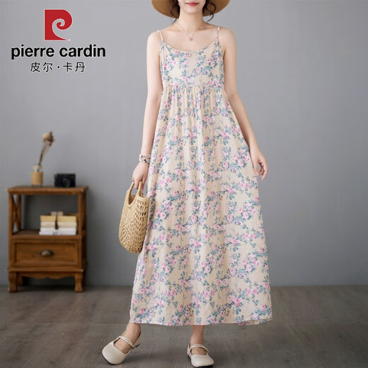 Pier Cardin Small Fresh and Literary Cotton Linen rétro petite robe florale mi-longueur grande jupe sans manches minces respirant 693 Green M