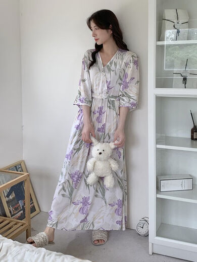 斐莉玥2024年新款棉绸睡裙女长裙到脚踝可外穿连衣裙有口袋 可调节长裙温柔紫 均码 13590-180斤