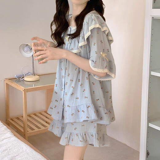 
LangSha pajamas for women in 2025 summer new spring and autumn floral cardigan sweet girl short-sleeved summer home wear suit M1283 blue [main picture] M [recommended 80-100Jin [Jin equals 0.5 kg] wear]