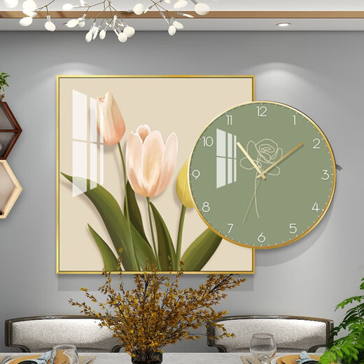 Nordic einfaches und modisches Restaurant mit Uhrenkombinationskombination Gemälde, leichter Luxus -Esszimmer Hintergrund Wandhänge Gemälde, Kristallporzellanbilder, Txmg12608 60*60 cm+Runddurchmesser 40 cm Gesamtlänge 80 Textur Textur