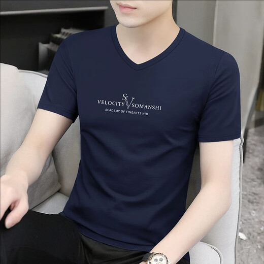 ZMZA 设计师高端品牌 冰丝短袖T恤男夏季新款潮流修身半袖休闲上衣潮 藏青色 XL 【建议130-145斤】