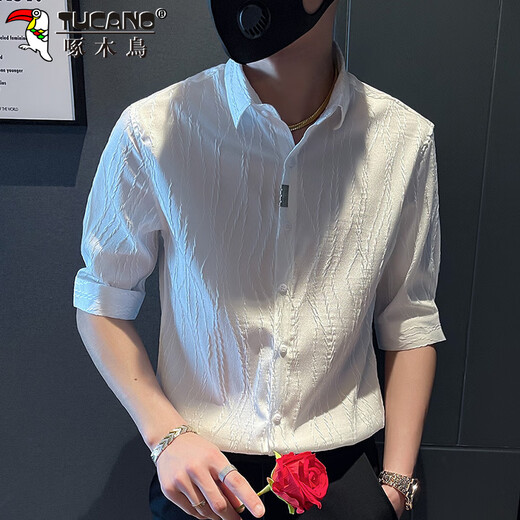 Holzspecker (Tucano) Hemd Herren Frühling und Sommer dünne Fünfviertelhülle Casual Shirt Herren koreanischer Stil Trendige Jacke Herrenkleidung weiß XL