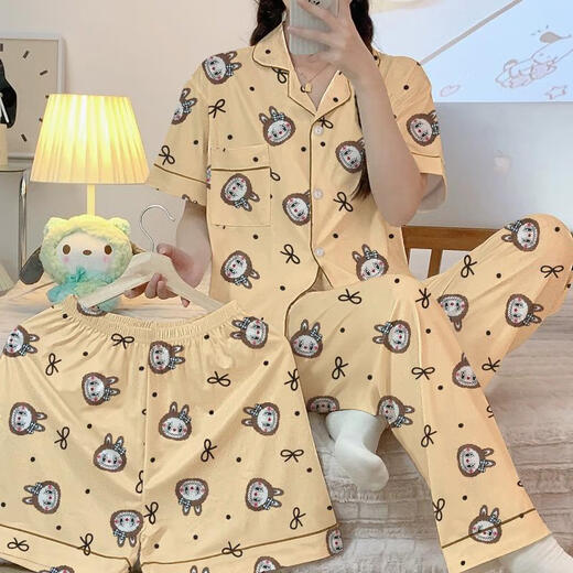 浪莎2025新款卡通可爱睡衣女春夏季短袖长裤三件套家居服可外穿 14134#三丽鸥粉 短袖+短裤+长裤 M 75-100斤