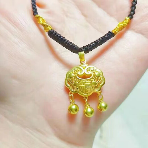 GRAYCEWODY Old Phoenix 999 Gold Peace Lock Pendant Women's Fortune Longevity Lock Pendant Braided Black Rope Clavicle Necklace Niche Peace Lock Pendant With Rope Old Phoenix Gold Store Model