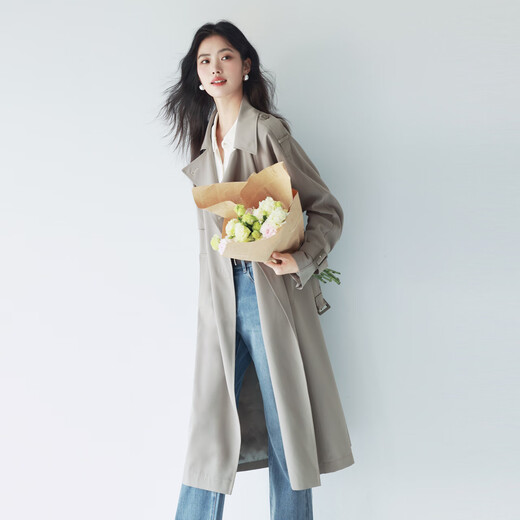 Evely [klassische Fortsetzung] Mint Mambo altmodische Struktur-Sensing-Doppelbrust-Long Windbreaker-Jacke für Frauen New Style Pearl Grey M 120-135jin [Jin ist 0,5 kg]