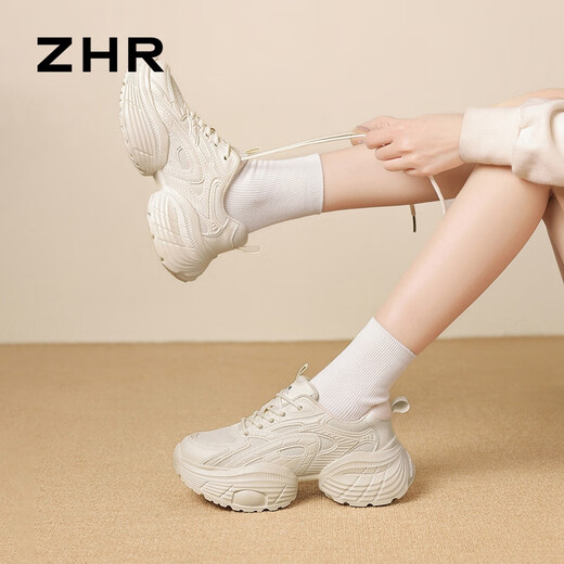 ZHR厚底老爹鞋女新款网面透气女鞋轻便软底耐磨运动鞋女 G753 米色34