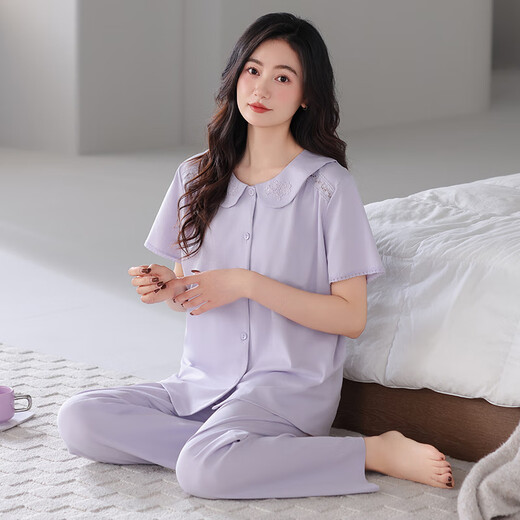 
Kuaishen pajamas for women in summer pure cotton thin short-sleeved trousers for women, mother casual loose doll collar, can be worn outside home clothes 698 Taro purple L [160-165CM/100-125Jin [Jin equals 0.5 kg]]