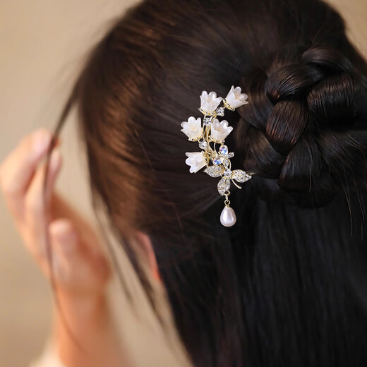 Yin Muchi flower hair accessories for women, U-shaped hairpin, high-end hairpin, ancient style hairpin, slit comb, cheongsam headdress, F3236 lily of the valley flower rhinestone hairpin